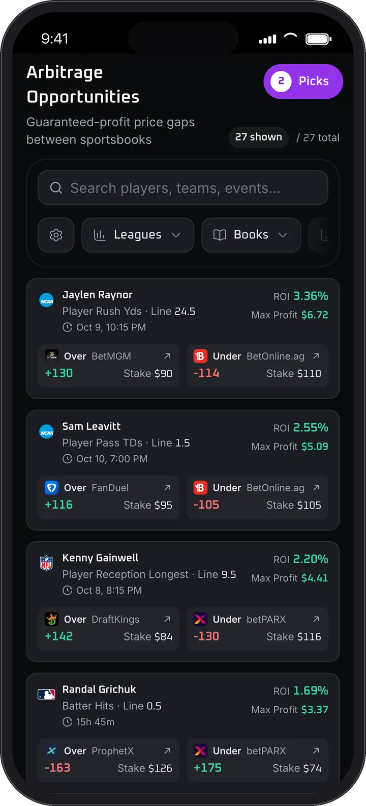Arbitrage in PropsEdge on iPhone